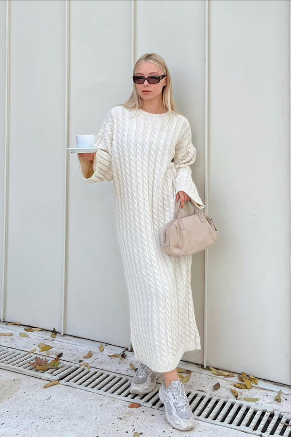 MODANSTA Beige Crew Neck Knitted Women's Knitwear Midi Dress