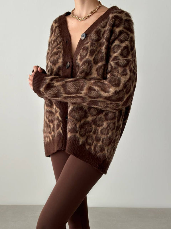 MODANSTA Brown Knitted Leopard Patterned Buttoned Cardigan