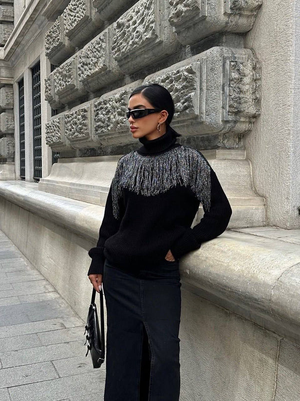 MODANSTA Long sleeve turtleneck sweater with strings on chest